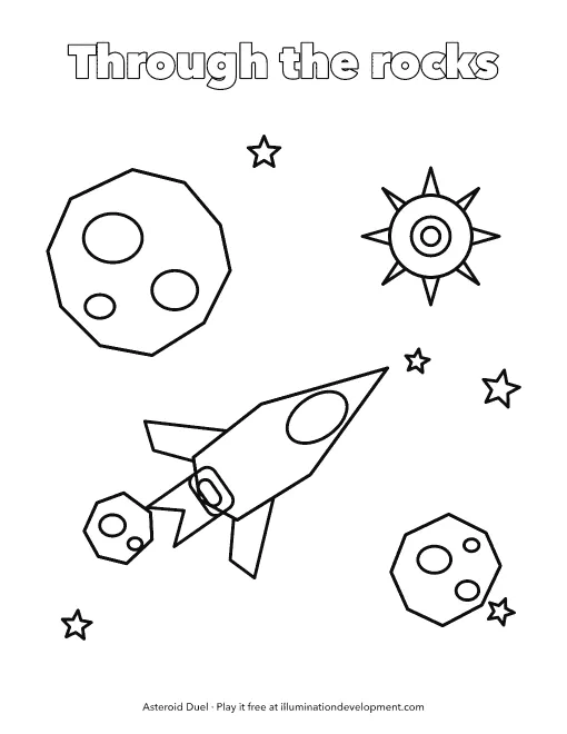 Asteroid Duel coloring page: a ship flying through the asteroids