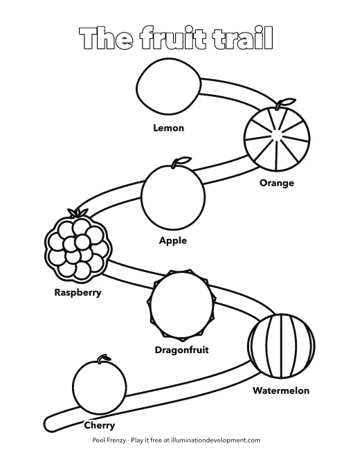 Peel Frenzy coloring page: seven fruits along the trail