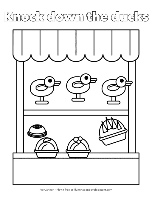 Pie Cannon coloring page: the duck stall with pies on the counter