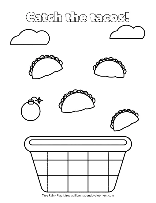 Taco Rain coloring page: tacos falling into the basket