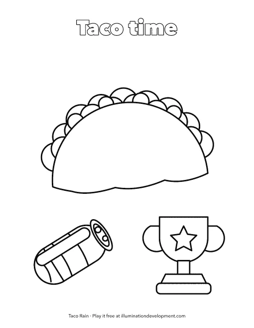 Taco Rain coloring page: a big taco, a burrito and a trophy