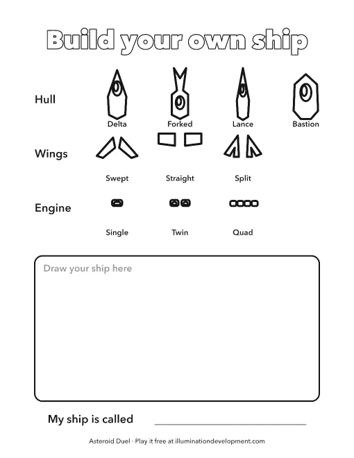 Asteroid Duel printable: pick a hull, wings and engine, and draw your ship