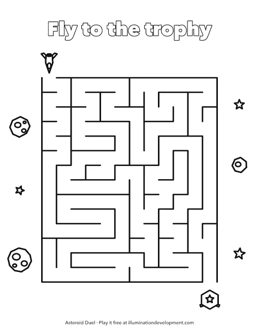 Asteroid Duel printable: a harder maze, from the ship to the trophy