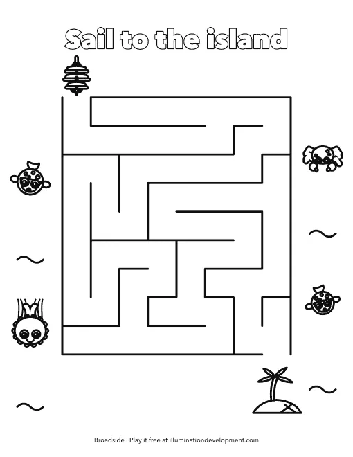 Broadside printable: sail the ship through the maze to the island