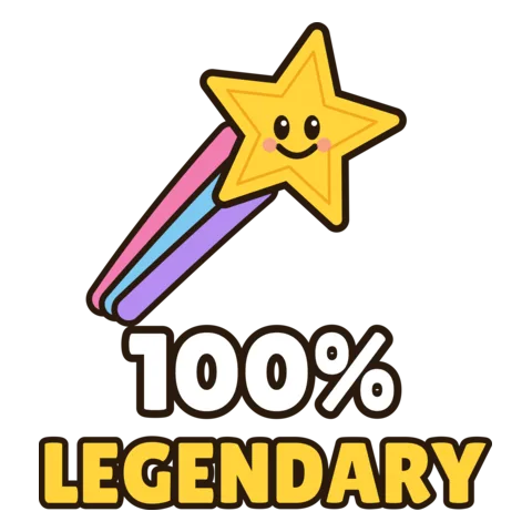 A smiling shooting star with a rainbow trail above the words 100% Legendary