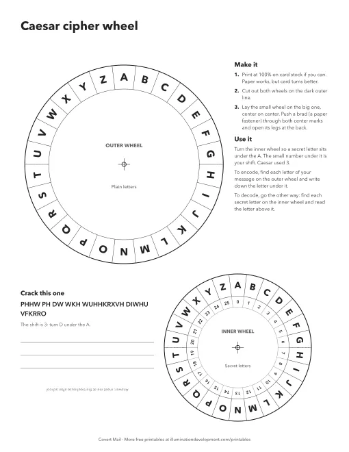 A printable Caesar cipher wheel: an outer and an inner alphabet wheel to cut out, with shift numbers