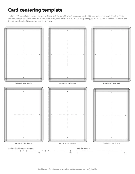 A printable card centering template with true-size card outlines and millimetre lines along each edge