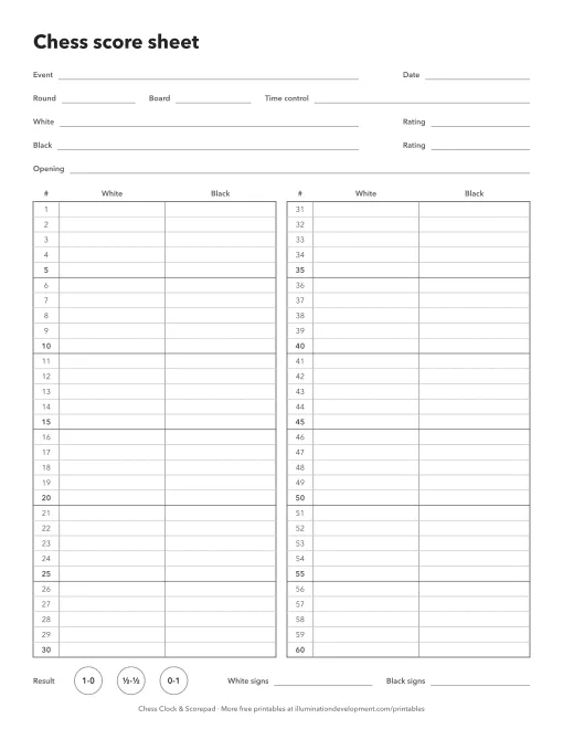 A printable chess score sheet with 60 numbered move rows