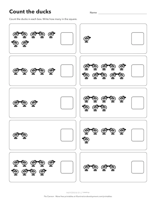 A printable duck math worksheet with ten boxes of line-drawn carnival ducks to count from one to ten and a square in each to write the number
