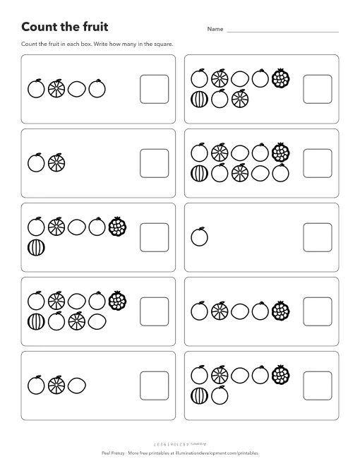 A printable fruit counting worksheet with ten boxes of line-drawn apples, oranges, lemons, cherries, raspberries and watermelons to count from one to ten