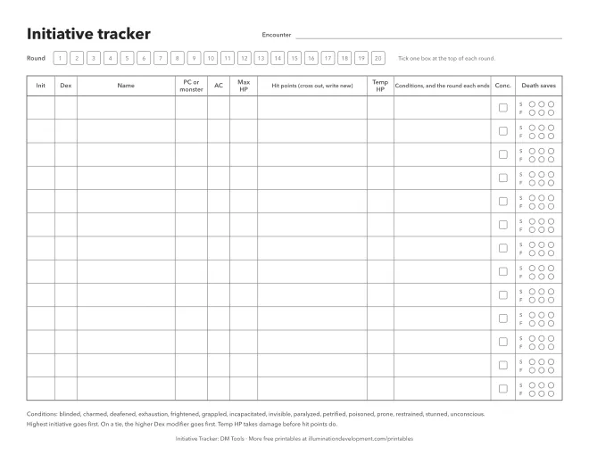 A printable initiative tracker sheet for tabletop RPG combat, with columns for initiative, AC, hit points, conditions and death saves