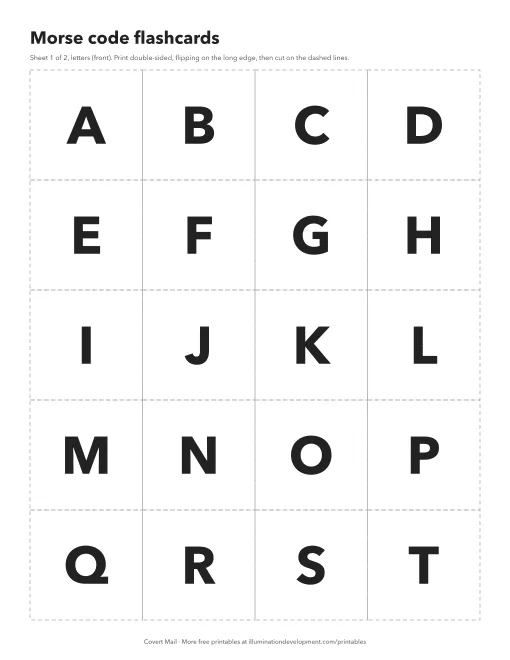 Printable Morse code flashcards, a sheet of letter cards with dashed cut lines