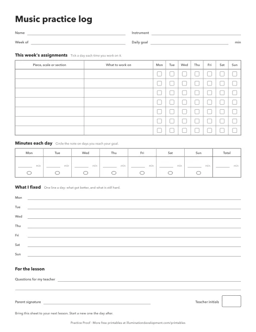 A printable weekly music practice log with an assignments grid ticked by day, daily minutes against a goal, a what-I-fixed line for each day, and boxes for a parent signature and teacher initials