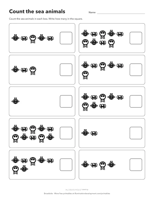 A printable ocean math worksheet with ten boxes of line-drawn crabs, pufferfish and jellyfish to count from one to ten and a square in each to write the number