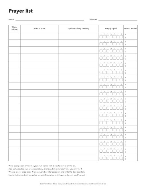 A printable weekly prayer list with columns for the date added, who or what, updates, days prayed and how it ended
