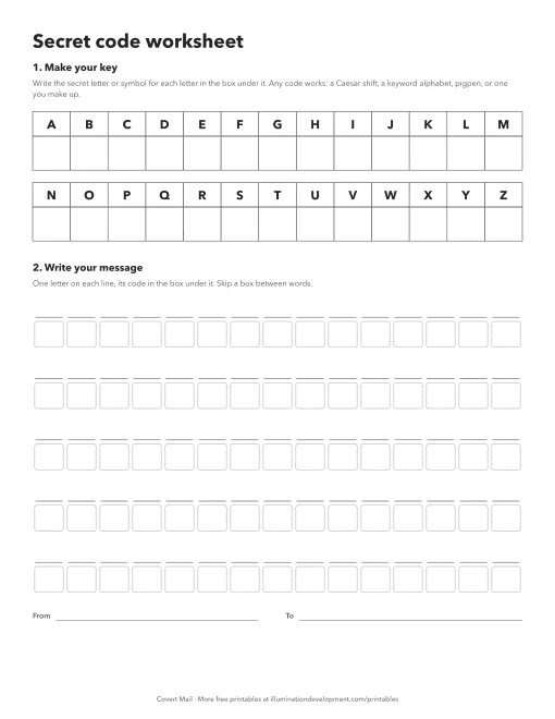 A printable secret code worksheet with an A to Z key to fill in and boxes for a coded message