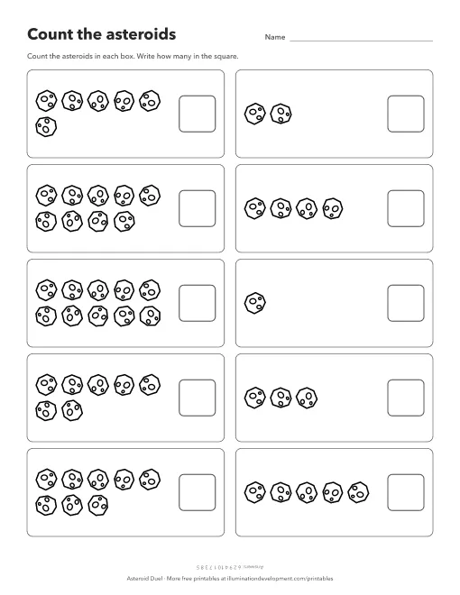 A printable space math worksheet with ten boxes of line-drawn asteroids to count from one to ten and a square in each to write the number