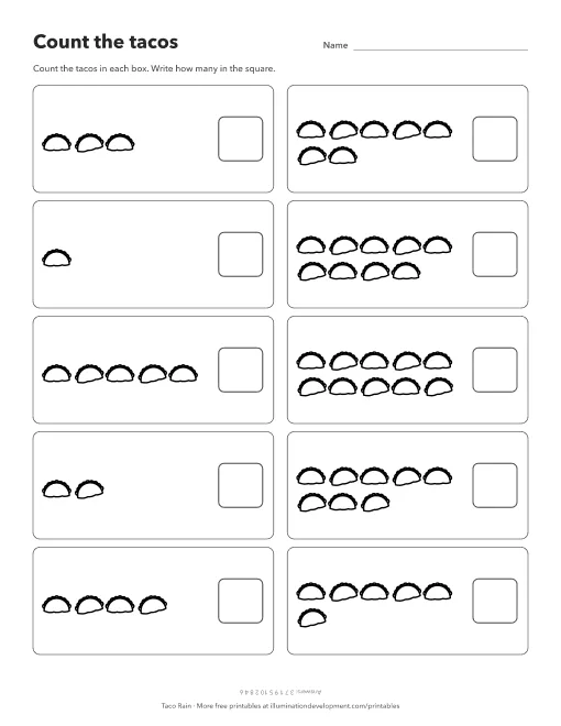 A printable taco math worksheet with ten boxes of line-drawn tacos to count from one to ten and a square in each to write the number