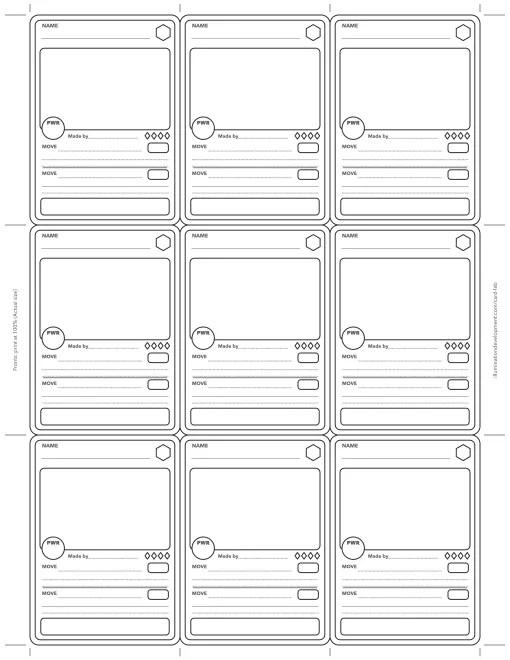 A printable blank trading card template: nine cards with a name line, picture box, power badge and two moves, with cut marks