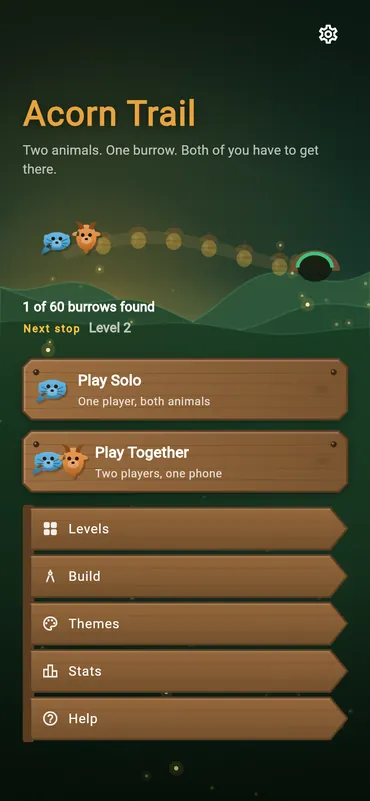 The title screen: the trail with one burrow found, and the signs for playing alone or together
