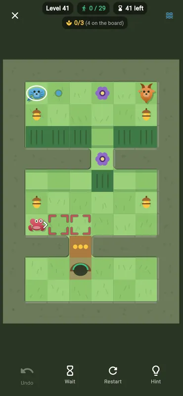 Level 41: the otter and the goat on either side of a hedge, acorns to collect, and a frog whose next two squares are marked in red