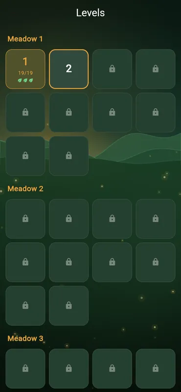 The level list, six meadows of ten, with the first level finished at three leaves