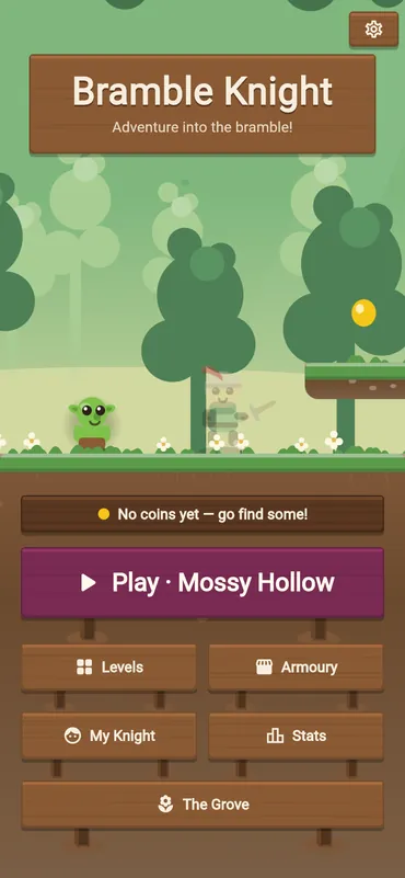 The title screen, which is a real level playing itself, with Play and the signposts to the levels, the armoury, your knight, the stats and the grove
