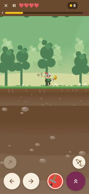 The first level in progress: four hearts, the coin count, the bar to the flag, and the knight picking up a coin beside the buttons
