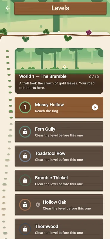 The level list, starting with the first world's story and its first level, the rest locked until the one before is cleared