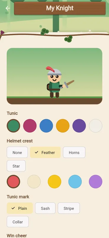 My Knight, where you pick a tunic, a helmet crest and its color, and a tunic mark
