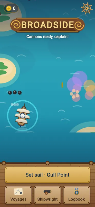 The title screen, which is the first voyage sailing itself, with Set sail and the ways to the chart, the Shipwright and the logbook