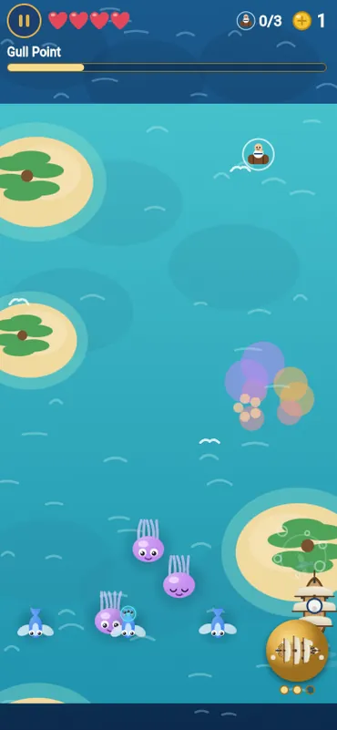 The first voyage: hearts, castaways and doubloons along the top, jellyfish and flying fish coming down the sea