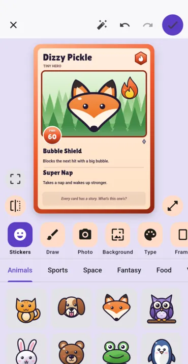 A new card, already made: a fox with a name and two moves, and the sticker packs open under it