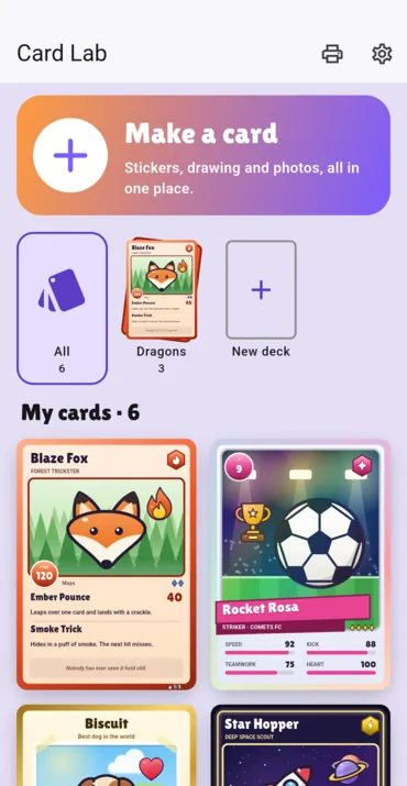 Home: the Make a card button, the deck shelf and the cards made so far