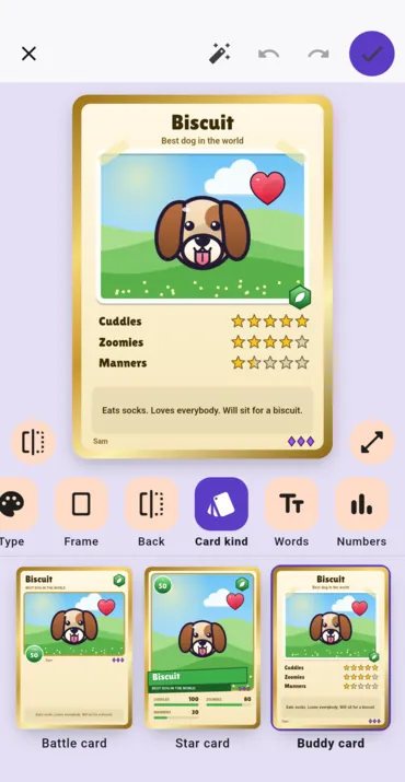 A buddy card for a dog, with the three kinds of card to switch between underneath