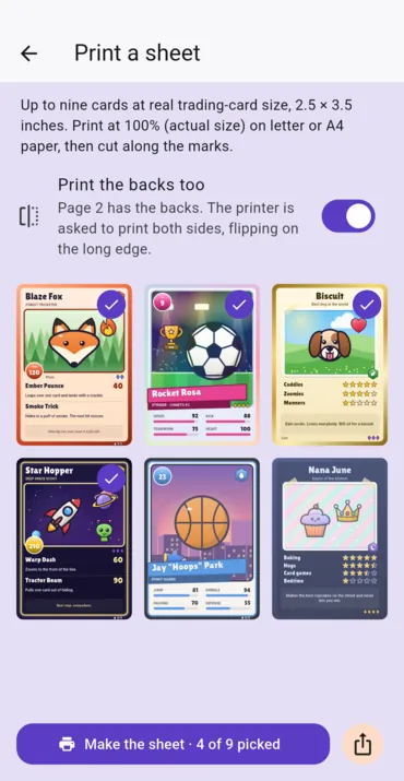 The print sheet: up to nine cards at real size, with the backs on a second page