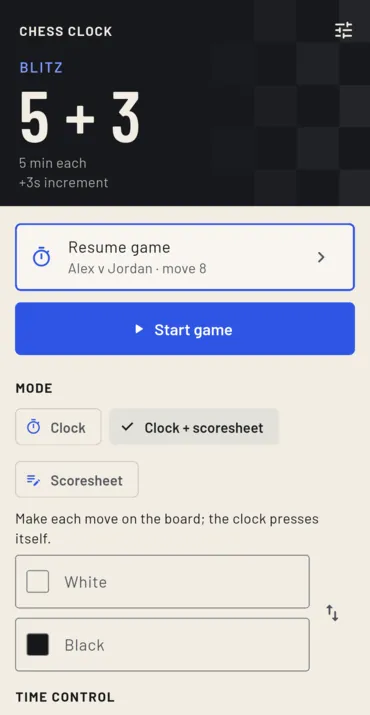 The home screen: a 5 + 3 blitz control, a game to resume, and clock, clock and scoresheet, or scoresheet only