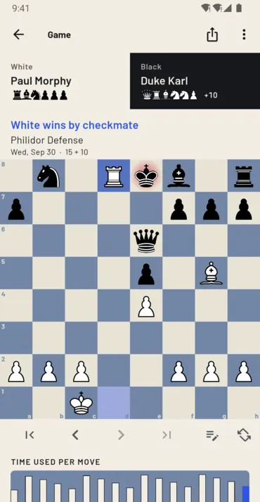 Review: step through the game, see who won and how, and the time each move took