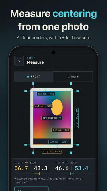 Measure: a sample card with all four borders measured, reading 56.7/43.3 left to right