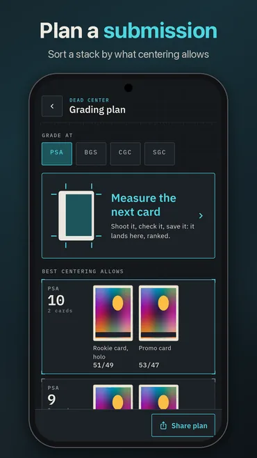 A grading plan: a stack of cards sorted by what their centering allows