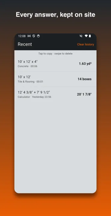 Recent answers, kept on the device: tap to copy, swipe to delete