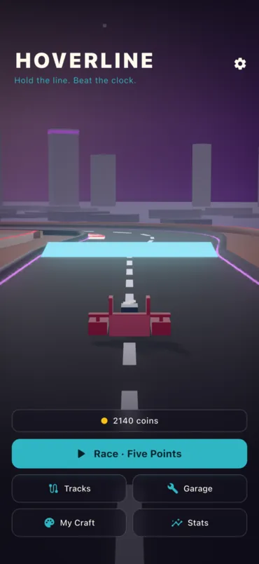 The title screen: the craft on the track at dusk, with Race, Tracks, Garage, My Craft and Stats