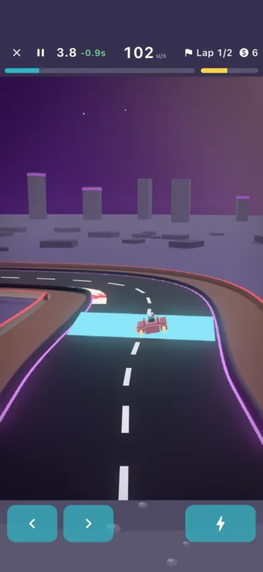 A race on Five Points: lap time, a split against your best, speed, lap count and boost along the top, and the steer and boost buttons below