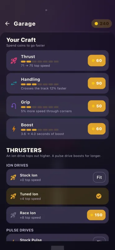 The garage: thrust, handling, grip and boost upgrades with their prices, and the ion drives below