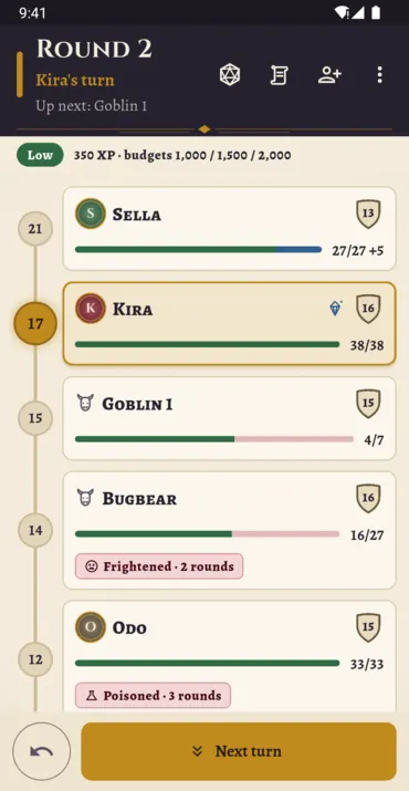 The initiative rail: whoever's turn it is glows gold, with hit points and conditions under each name