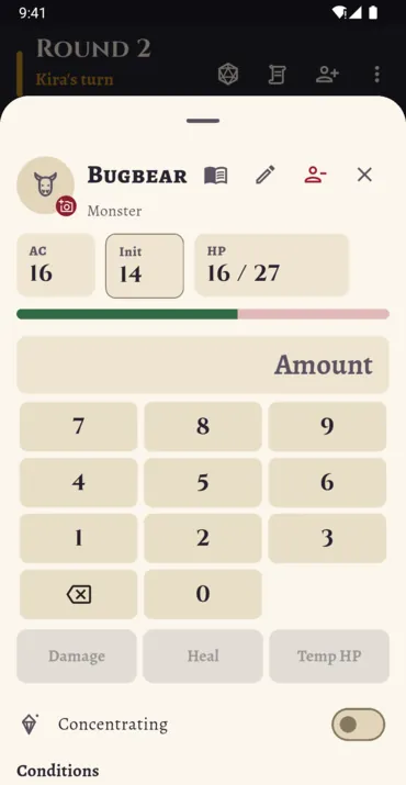The hit point pad: type the number, then Damage, Heal or Temp HP