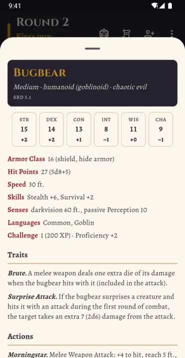 A full SRD stat block, one tap from the order