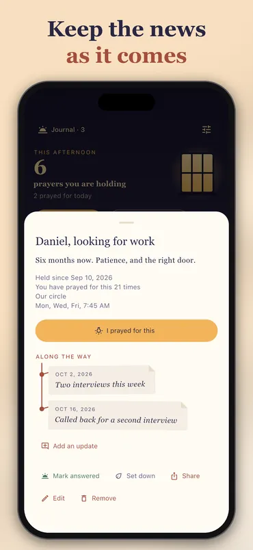 A prayer with its updates along the way, and the buttons to mark it answered or set it down