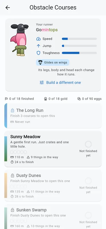 The course list: the runner's speed, jump and toughness read off its parts, the long run still locked, and Sunny Meadow open