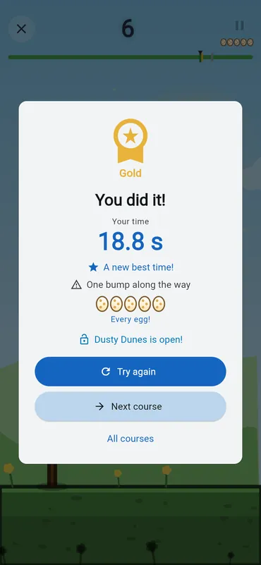 A gold medal on the first course: the time, one bump, every egg, and the next course open